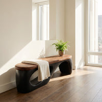 Organic Wooden Bench With Curved Black Base For Home, view 8
