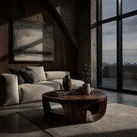 Arch-Cut Drum Base Round Coffee Table in Solid Wood, view 9