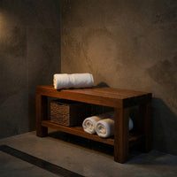 Solid Wood Teak Shower Bench Minimalist With Storage Shelf Bathroom, view 9