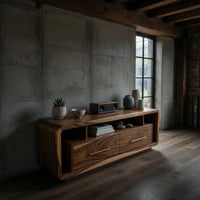 Rounded-Edge Media Console with Brass Pulls, Two Drawers, view 9