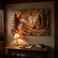 Campfire and Pines Carved Hardwood Wall Art Panel, view 9 — view 9