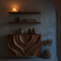 Solid Wood Corner Wall Bathroom Shelf Cabinet Symmetrical Carved Doors, view 9