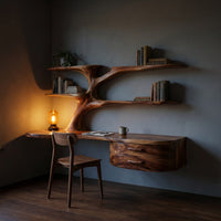 Rustic Wooden Desk With Sculptural Shelving And Drawer For Workspace, view 9