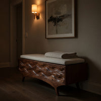 Solid Wood Entryway Storage Bench Coastal Wave Carved, view 9