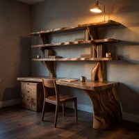 Organic Wood Desk With 3 Tier Integrated Bookshelf For Study Room, view 9