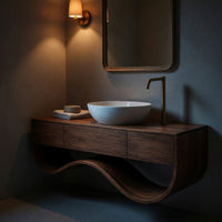 Solid Wood Bathroom Vanity Luxury Cabinet With Undulating Open Shelf Bath, view 9