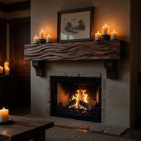 Solid Wood Floating Fireplace Mantel Rustic Shelf With Wave Carved Living, view 9