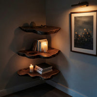 Solid Wood Natural Wood Floating Shelves Handcrafted Live Edge Corner Shelf, view 9