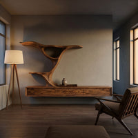 Wooden Floating Tv Stand With Side Branch Shaped Storage For Living, view 9