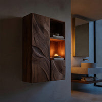 Solid Wood Corner Wall Bathroom Shelf Cabinet Wave Carved Design, view 9