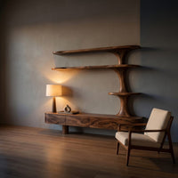 Rustic Wood Tv Cabinet With Sculptural Display Shelves For Home, view 9