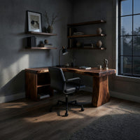 L-Shaped Corner Desk in Solid Hardwood with Shelves, view 9