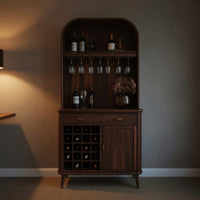 Solid Wood Bar Cabinet Mid Century Arched Wine Kitchen, view 9