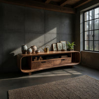 Rolling Curve Walnut Media Console with Two Drawers, view 9