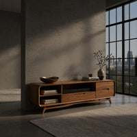 Warm Oak Media Console with Open Shelves and Drawers, view 9
