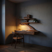 Floating Wooden Desk With Curved Upper Shelf Frame For Workspace, view 9