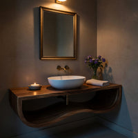 Solid Wood Bathroom Vanity With Floating Wave Shelf Modern Bath, view 9