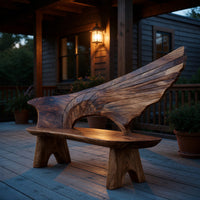 Solid Wood Outdoor Garden Bench With Wing Inspired Carved Backrest, view 9