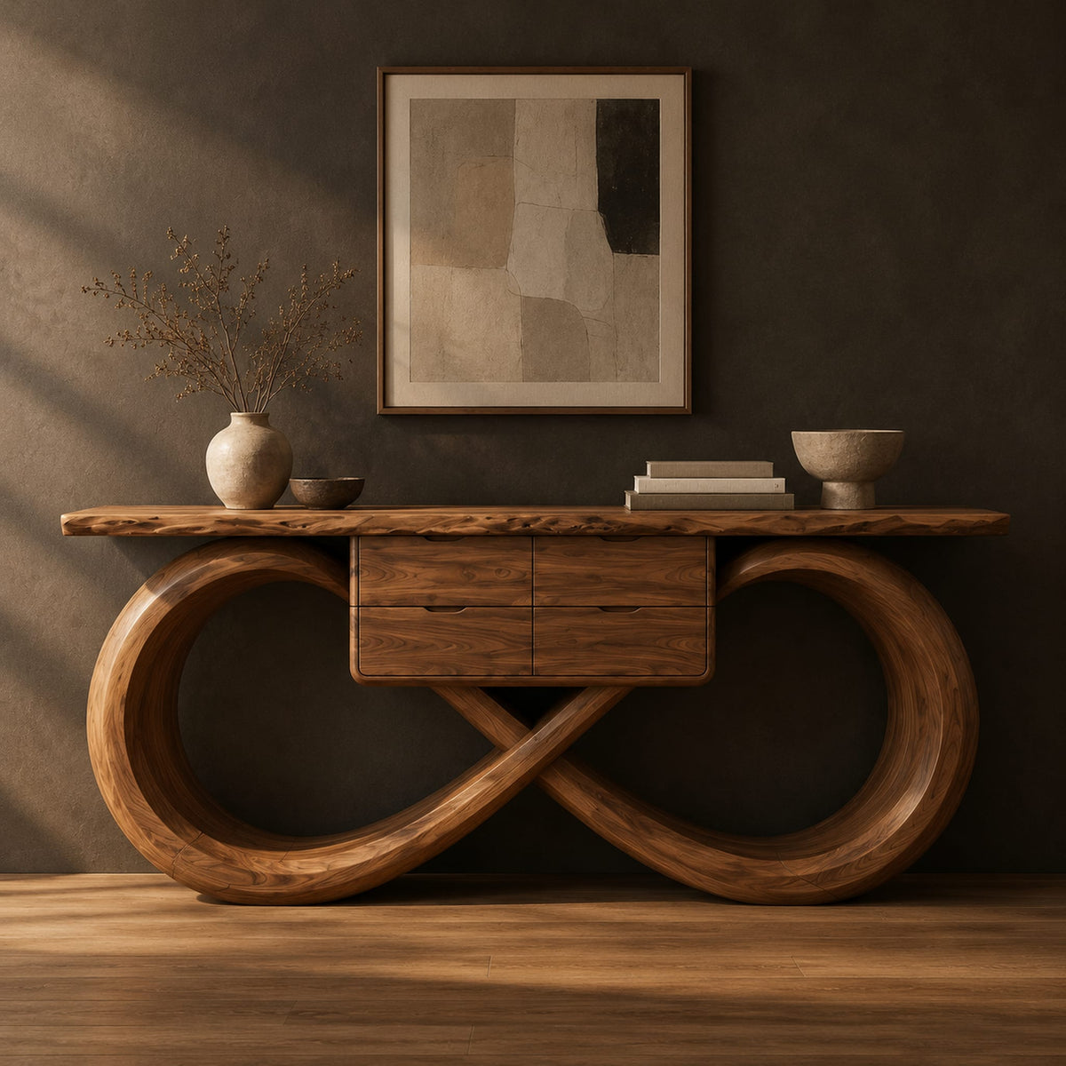 Console table with an infinity loop base and small center box in a dark studio against a charcoal plaster wall