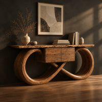 Console table with an infinity loop base and small center box, three-quarter view showing the grain