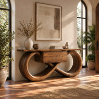 Console table with an infinity loop base and small center box in a bright entryway with arched windows and plants