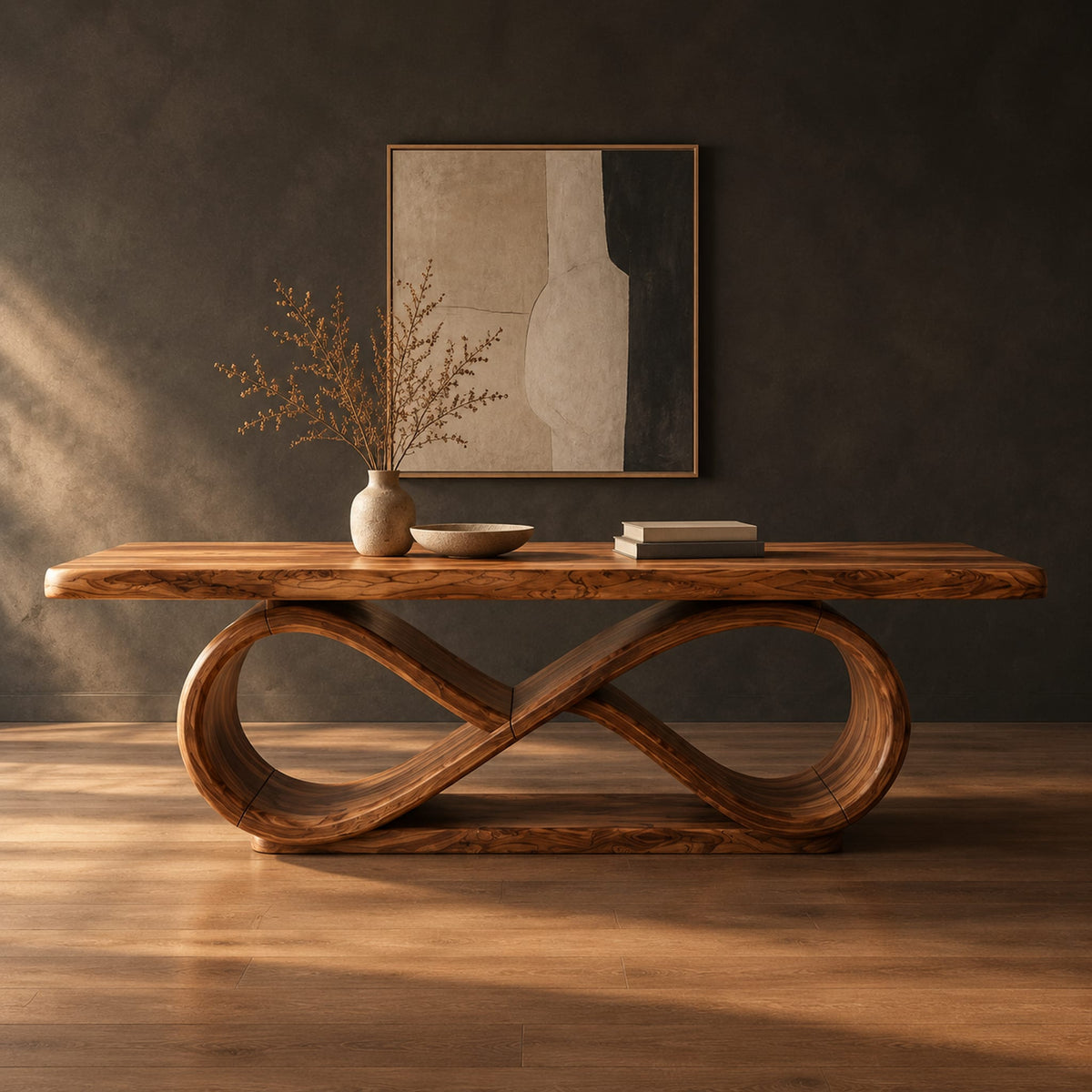 Dining table with a thick slab top on an infinity loop base in a dark studio against a charcoal plaster wall