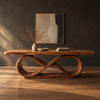 Dining table with a thick slab top on an infinity loop base in a dark studio against a charcoal plaster wall