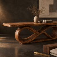 Corner detail of dining table with a thick slab top on an infinity loop base beside wood, brass and linen samples
