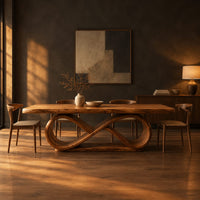 Dining table with a thick slab top on an infinity loop base in a dark dining room at golden hour