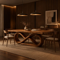 Dining table with a thick slab top on an infinity loop base in an evening dining room with walnut wall paneling