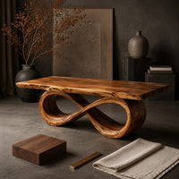 Corner detail of rectangular dining table with a live edge top on a looped infinity base beside wood, brass and linen samples