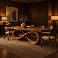 Rectangular dining table with a live edge top on a looped infinity base in an evening dining room with walnut wall paneling