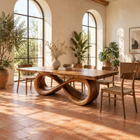 Rectangular dining table with a live edge top on a looped infinity base in a bright dining room with arched windows and plants