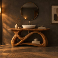 Bathroom vanity with a looping figure eight base and open shelf in a dark bathroom at golden hour