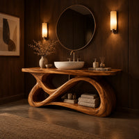 Bathroom vanity with a looping figure eight base and open shelf in an evening bathroom with walnut wall paneling