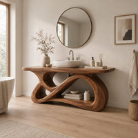 Bathroom vanity with a looping figure eight base and open shelf in a Scandinavian bathroom with white walls