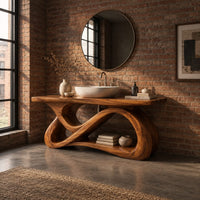 Bathroom vanity with a looping figure eight base and open shelf in an industrial loft bathroom with exposed brick