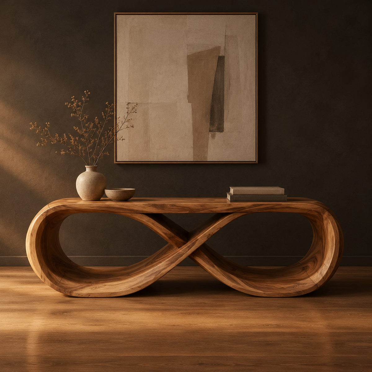 Low bench with a flat top and a hollow figure eight loop base in a dark studio against a charcoal plaster wall
