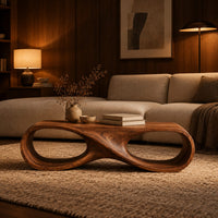 Coffee table shaped as an infinity loop with two oval openings in an evening living room with walnut wall paneling