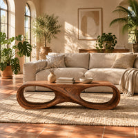 Coffee table shaped as an infinity loop with two oval openings in a bright living room with arched windows and plants