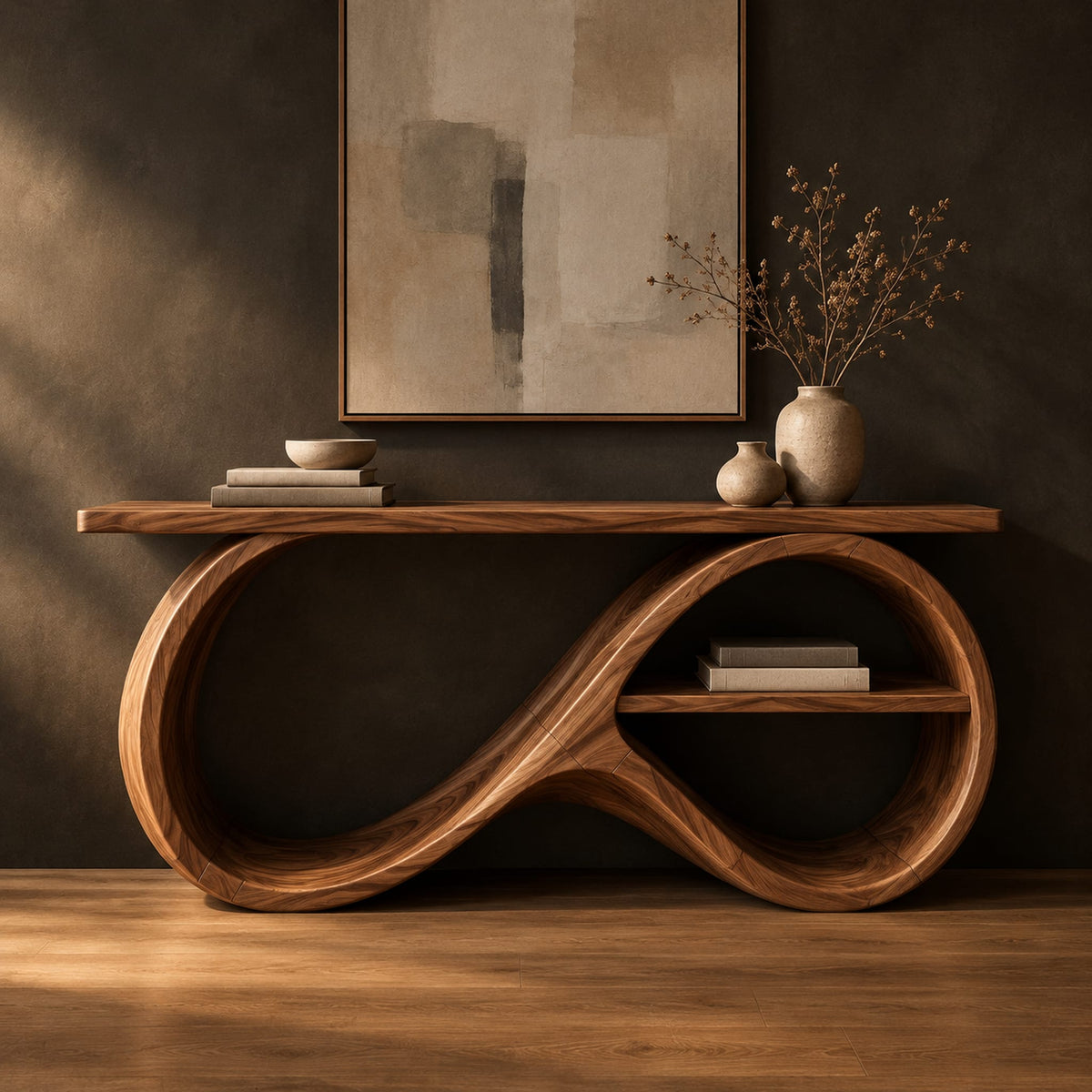 Console table with an infinity loop base, a slim top and a small shelf in a dark studio against a charcoal plaster wall