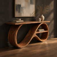 Console table with an infinity loop base, a slim top and a small shelf, three-quarter view showing the grain