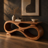 Console table shaped as an infinity loop with open ribbon spaces, three-quarter view showing the grain