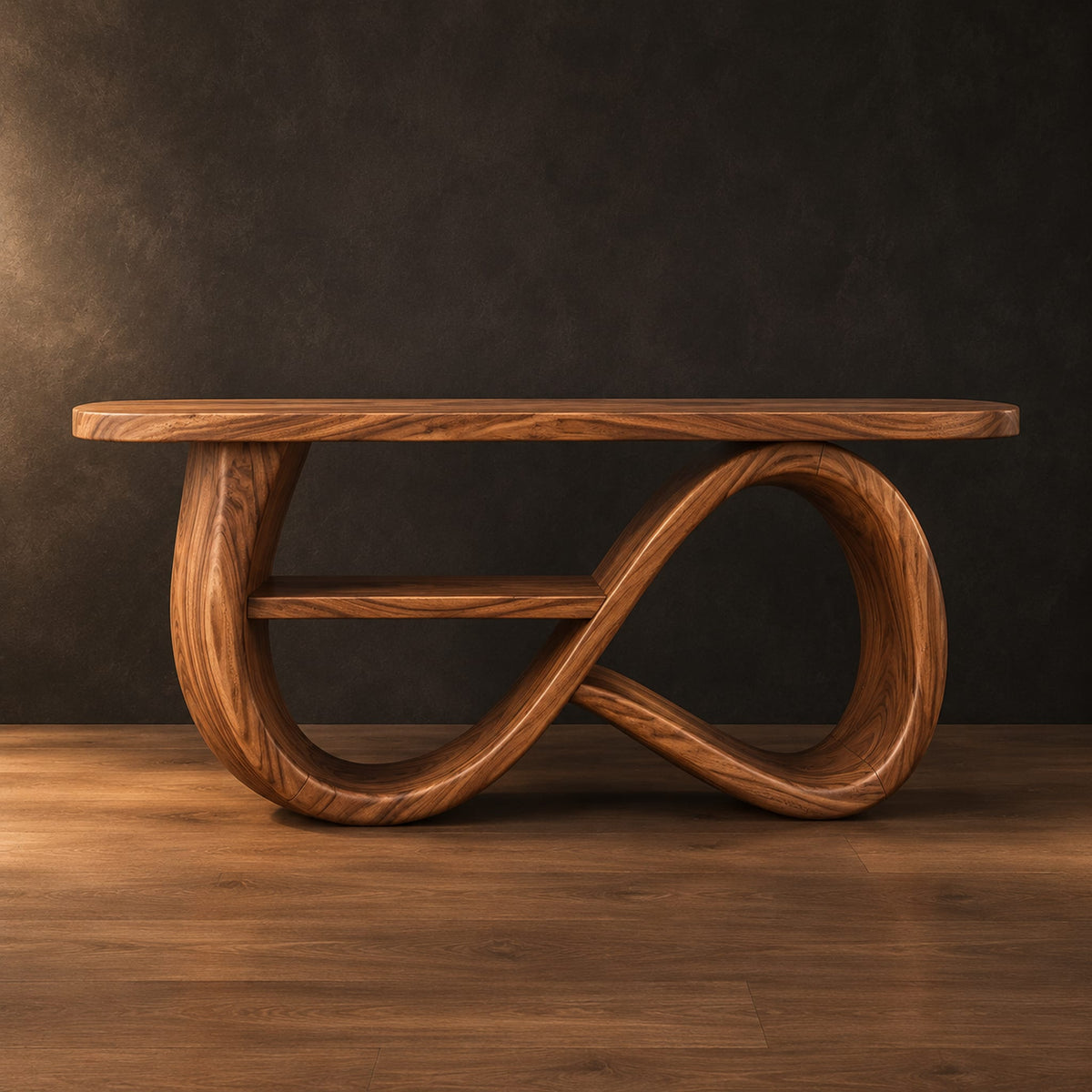 Console table with a figure eight ribbon base and a middle shelf in a dark studio against a charcoal plaster wall