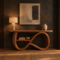 Console table with a figure eight ribbon base and a middle shelf in a dark entryway at golden hour