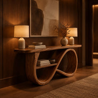 Console table with a figure eight ribbon base and a middle shelf in an evening entryway with walnut wall paneling