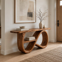 Console table with a figure eight ribbon base and a middle shelf in a Scandinavian entryway with white walls