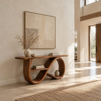 Console table with a figure eight ribbon base and a middle shelf in a bright open plan entryway