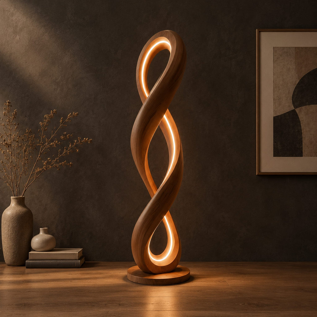 Twisted infinity loop floor lamp with a glowing inner edge in a dark studio against a charcoal plaster wall