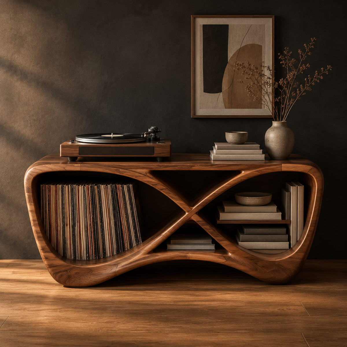 Infinity shaped record console with open bays and a smooth sculpted body in a dark studio against a charcoal plaster wall